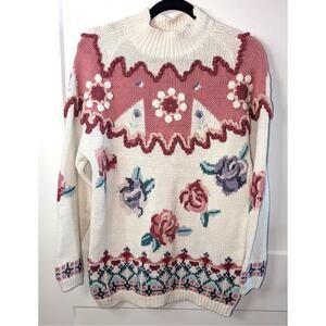 Vintage Rebecca Stone Floral French Knot Sweater Medium High Neck White Pink